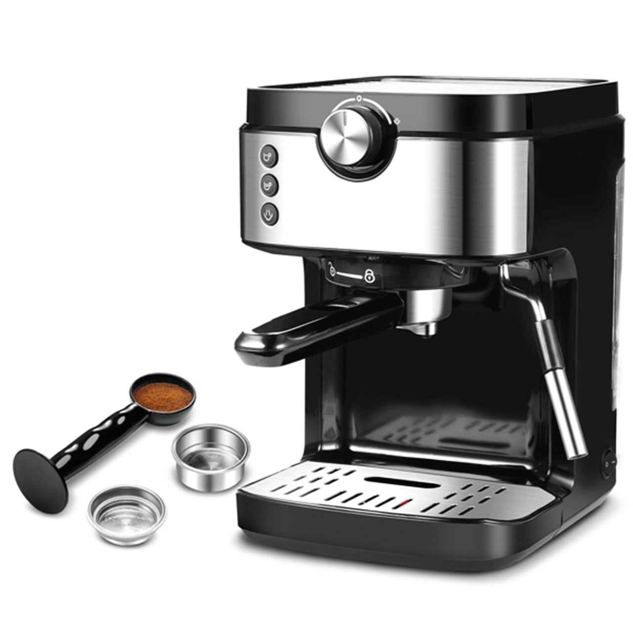 YOSHIKO Steam Espresso Machine, Latte and Cappuccino Maker with Milk Frother, 20 Bar Italian Pump, Automatic Setting of Coffee Volume, 900ml Water Tank, Black & Stainless, 1700W