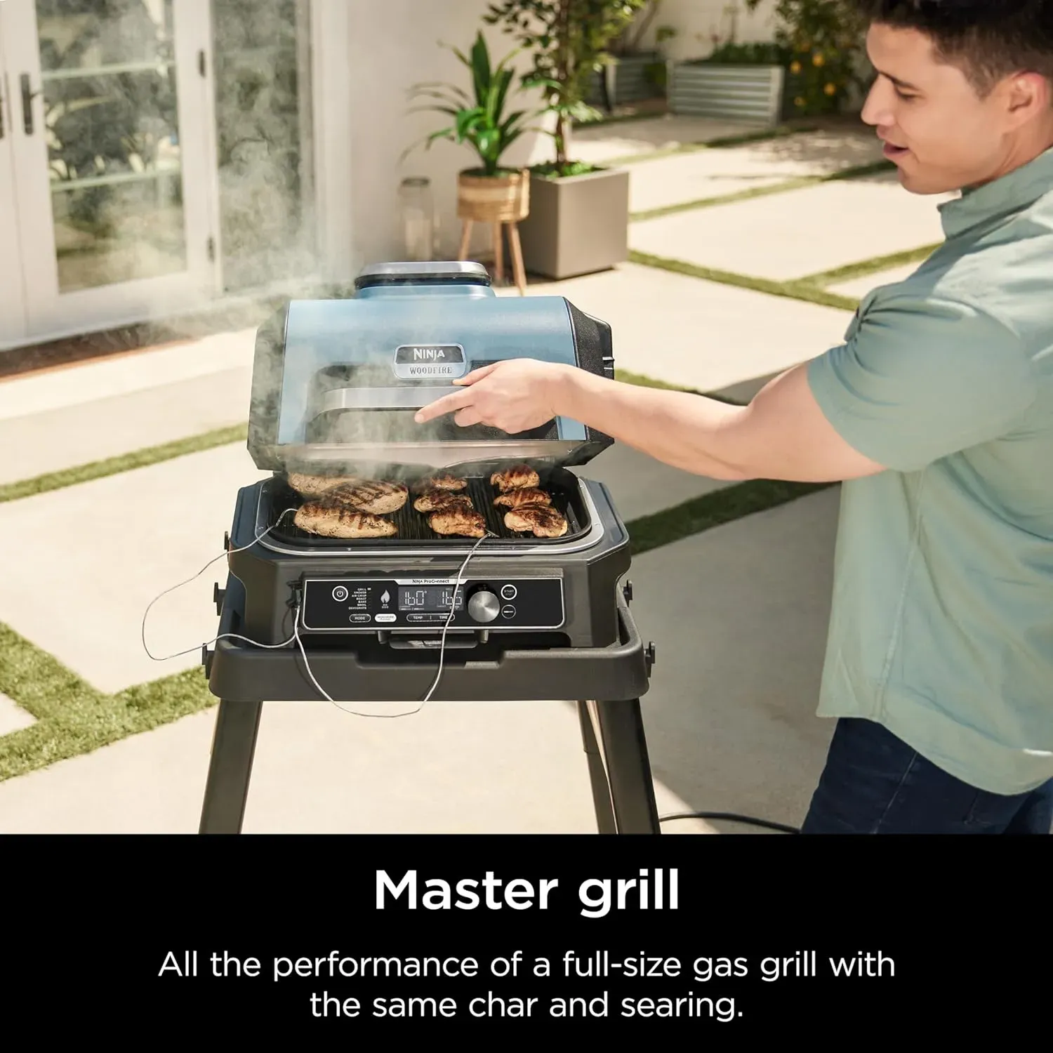 Premium XL Outdoor Grill & Smoker, Bluetooth, App Enabled, 7-in-1 Master Grill, BBQ Smoker, Outdoor Air Fryer, Woodfire Technology, 2 Built-In Thermometers, Black