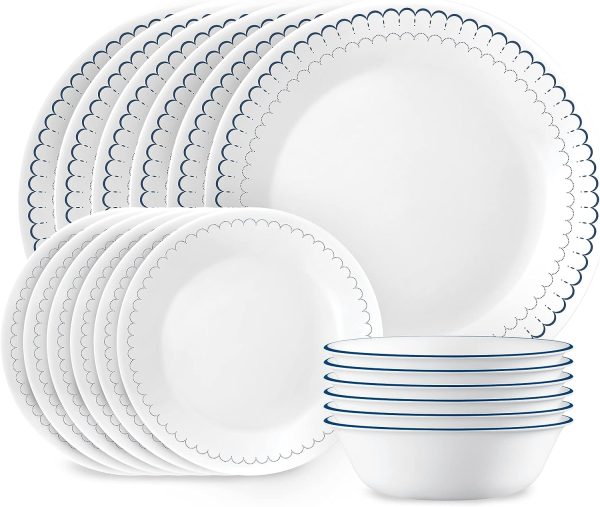 18-Piece Dinnerware Set, Service for 6, Lightweight Round Plates and Bowls Set, Vitrelle Triple Layer Glass, Chip Resistant, Microwave and Dishwasher Safe, Caspian