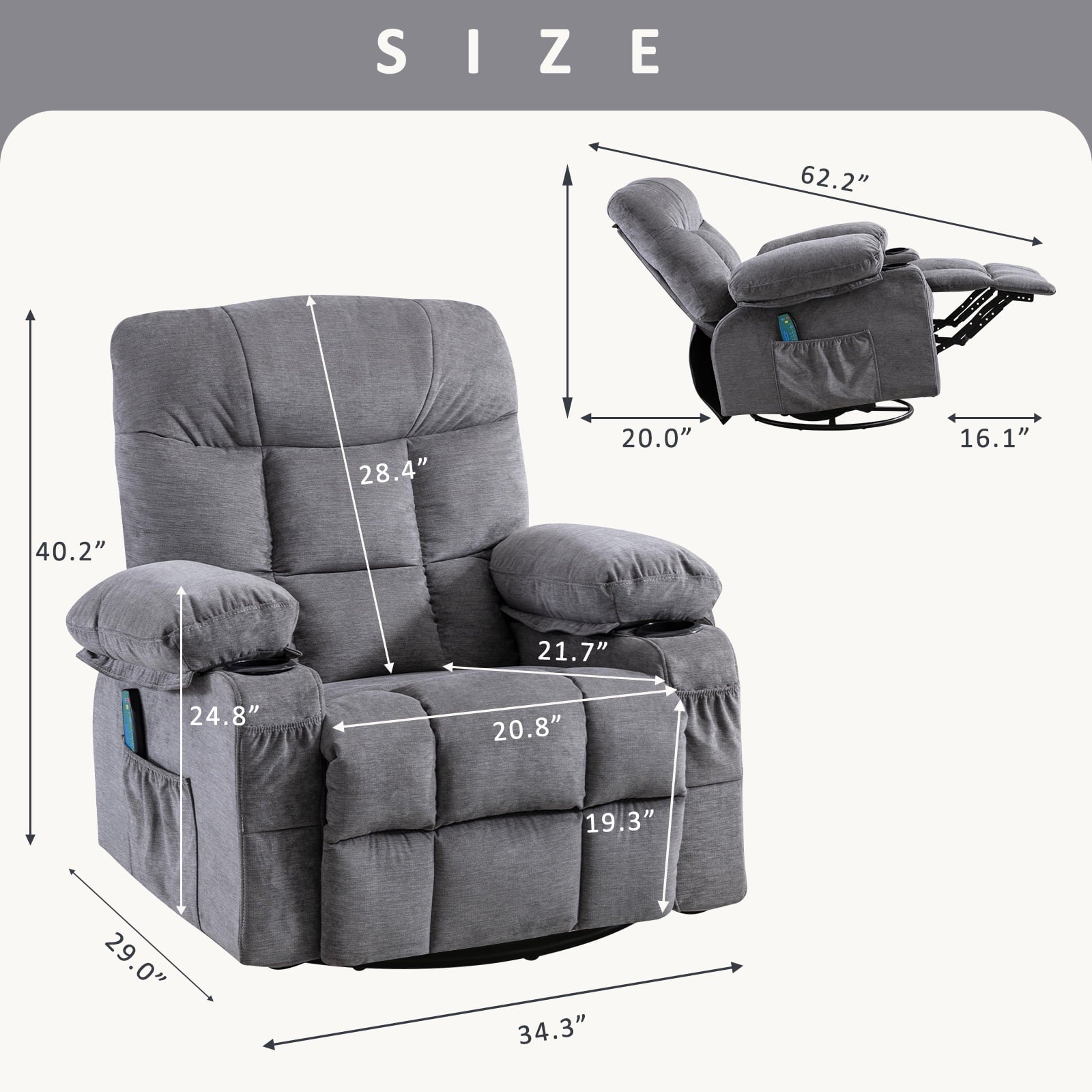 JONPONY Manual Recliner Chair with Heat Therapy and Massage Function, Heavy Duty Reclining Mechanism Massage Chair, Elderly Single Rocker Sofa with Cup Holders for Bedroom Home Theater,Grey