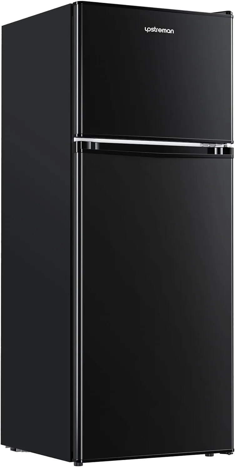 4.0 cubic foot double door refrigerator with freezer, mini refrigerator, adjustable thermostat, large capacity, black
