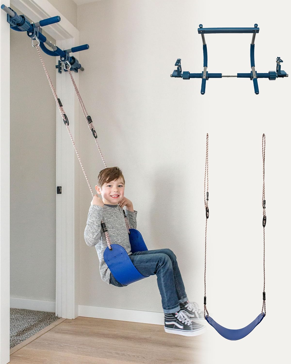 PIPG Indoor Doorway Gym for Kids & Adults – Blue, Alloy Steel, Includes Pull-Up Bar, Rings, Trapeze, Ladder, Rope, Sensory Swing, 300 lbs Capacity