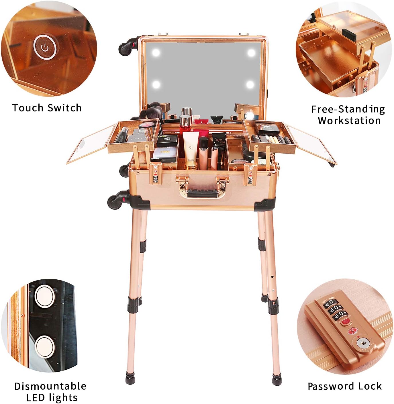 Medium Makeup Train Case with Code Lock, Lighted Mirror, Speaker Travel Cosmetic Organizer Box, Professional Artist Trolley Studio Free Standing Case