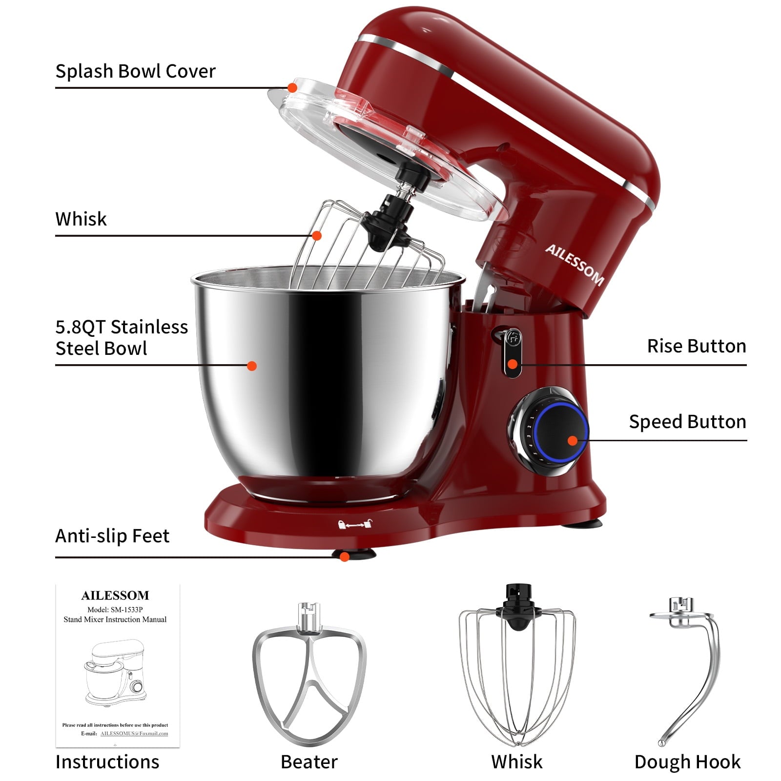 Ailessom New Stand Mixer,6-QT 10-Speed Tilt-Head Kitchen Electric Mixer with Bowl, Dough Hook, Beater, Whisk for Most Home Cooks, (Empire Red）