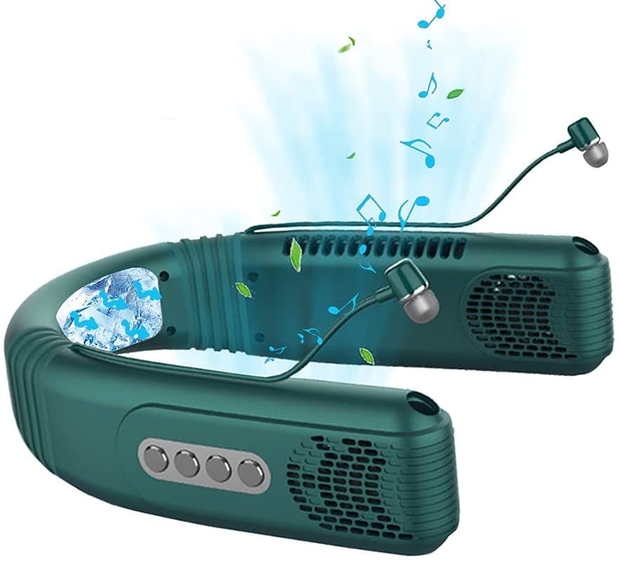AQUYY Silent Neckband Fan Hands Free Bluetooth Wireless Headset, USB Rechargeable Bladeless Neck Fan, Mini Portable Semiconductor Cooler with 3 Speeds, for Running Camping Travel Women Men Green