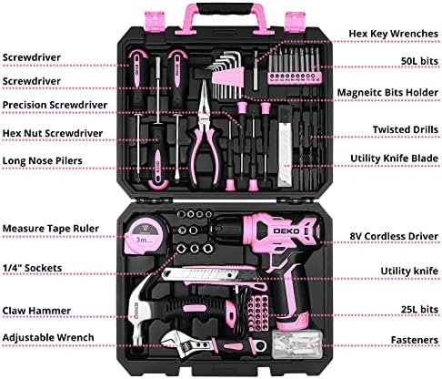 DEKOPRO Drill Set: Tool Set with 8V Pink Cordless Drill Home Tool Kit with Drill Hand Tool Kits for Women 126 Piece