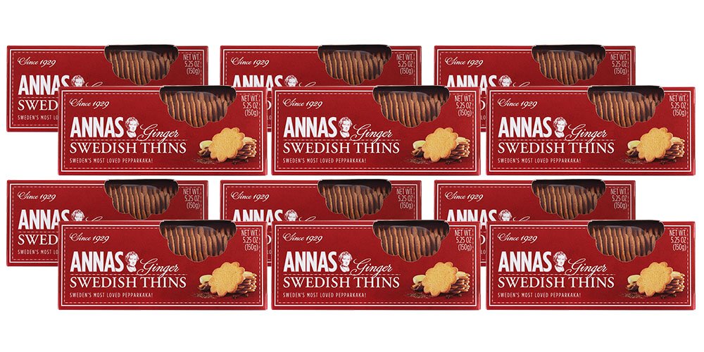 Annas Thins Ginger Pepparkakor Cookies, 5.25 oz, Pack of 12, Vegan, Non-GMO, Swedish Recipe
