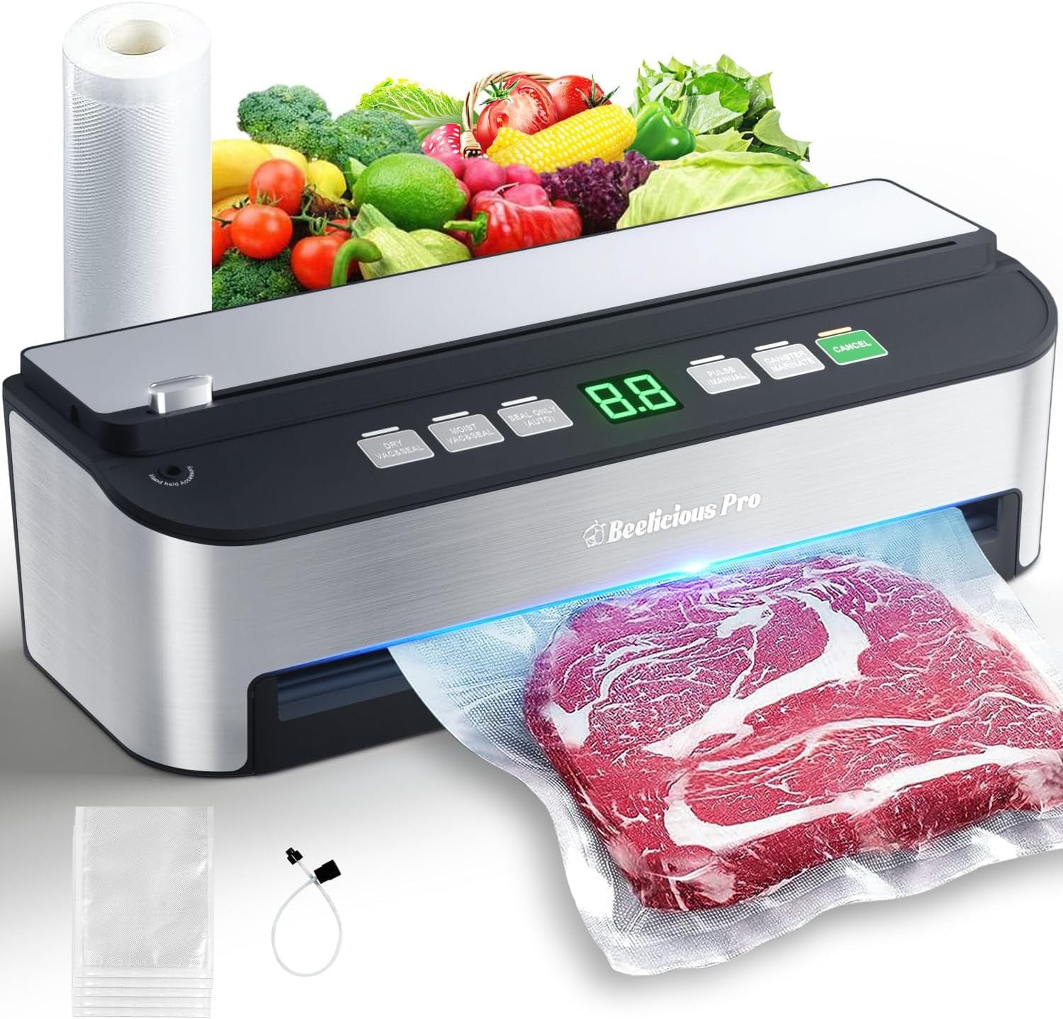 Vacuum Sealer Machine, Beelicious® 85KPA Fully Automatic 8-IN-1 Food Sealer with Bags Storage, Build-in Cutter, Moist&Dry Mode and Air Suction Hose | Digital Countdown | Sous Vide