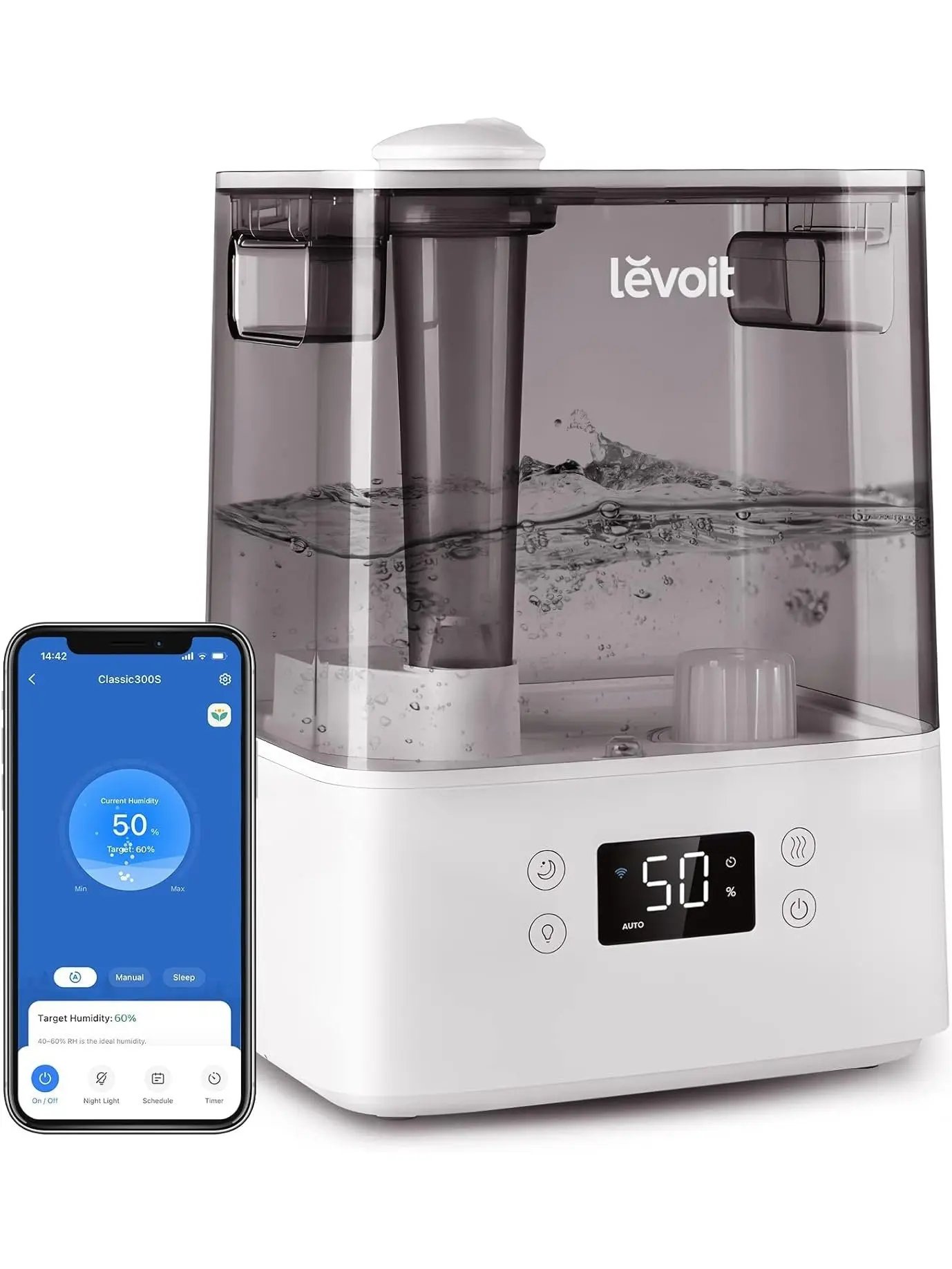 LEVOIT Humidifiers for Bedroom Large Room Home, (6L) Cool Mist Top Fill Essential Oil Diffuser for Baby & Plants, Smart App & Voice Control, Rapid Humidification & Auto Mode - Quiet Sleep Mode, Gray