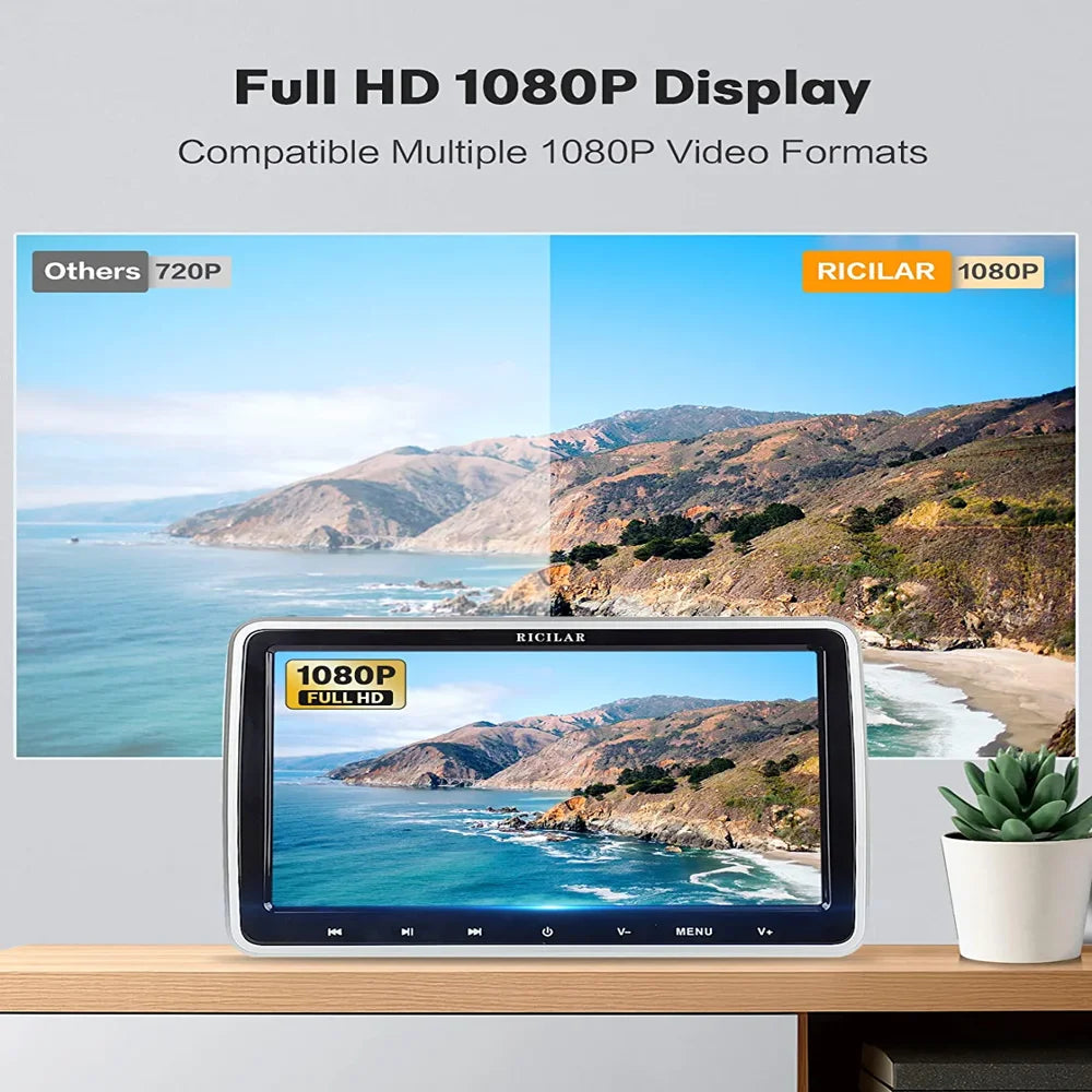 RICILAR 10.5′′ Dual Screen Portable Car DVD Player, HD, Multi-Format, Includes Headphones & Mounts