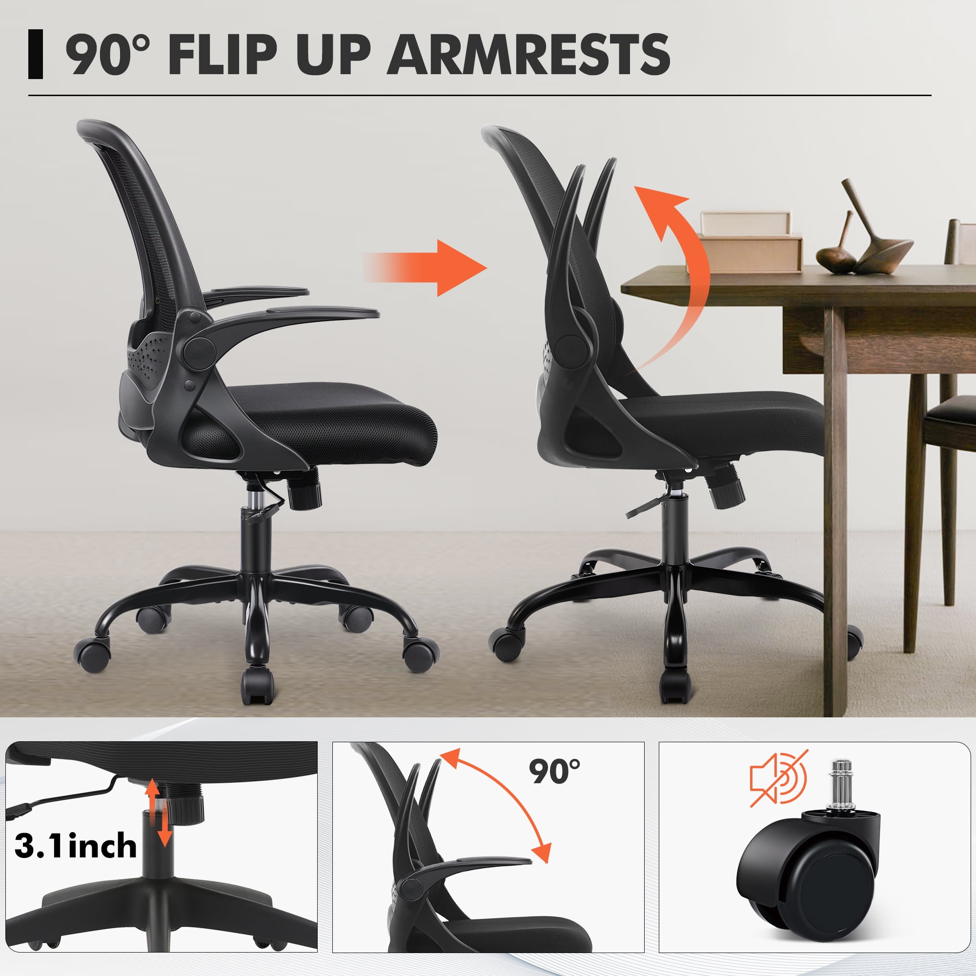 Coolhut Office Chair Ergonomic Home Desk Chair with Adjustable Armrests Mesh Computer Chair, Black
