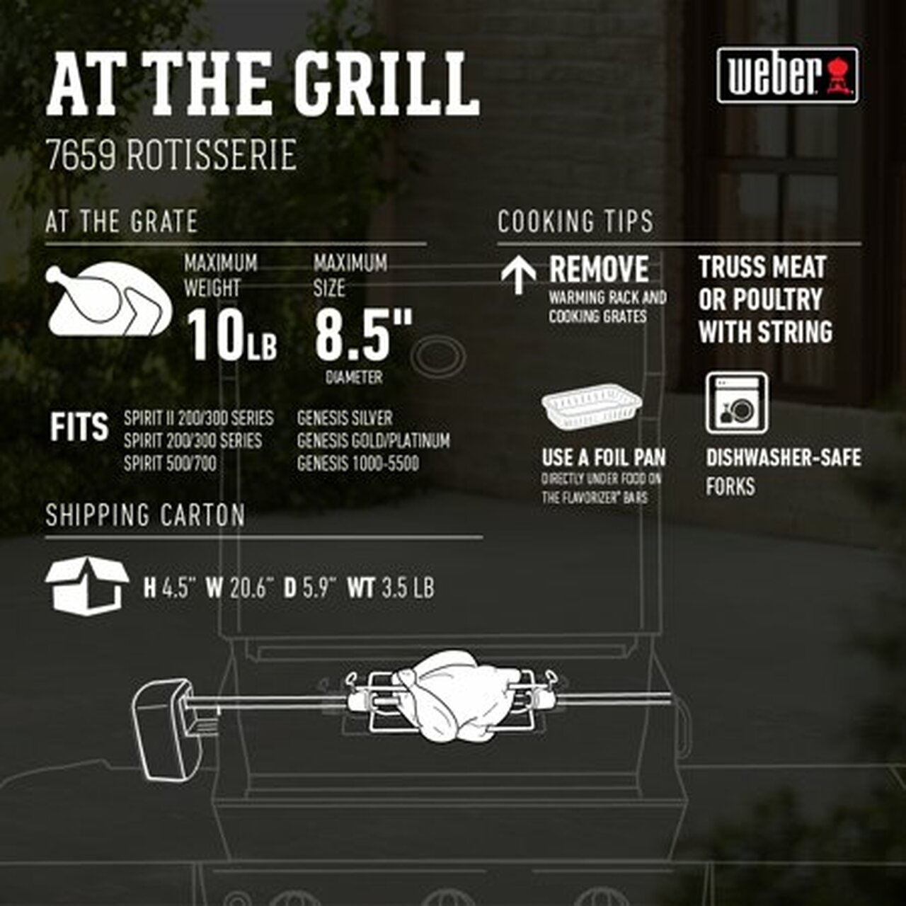 Weber Spirit II Gas Grill Rotisserie with Heavy-Duty Motor & Stainless Steel Forks, Compatible with Spirit II & Genesis Series