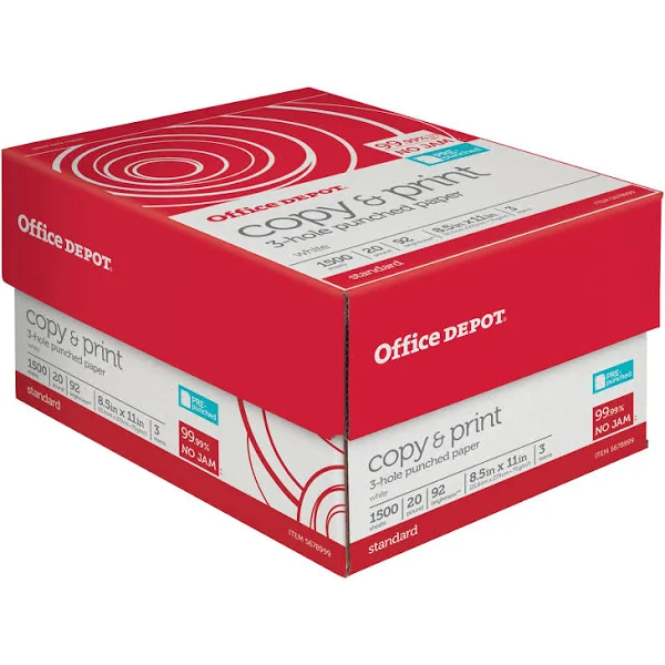 Office Depot Brand 3-Hole Punched Multi-Use Print & Copy Paper, Letter Size (8 1/2 inch x 11 inch), 92 (U.S.) Brightness, 20 lb, White, 500 Sheets per