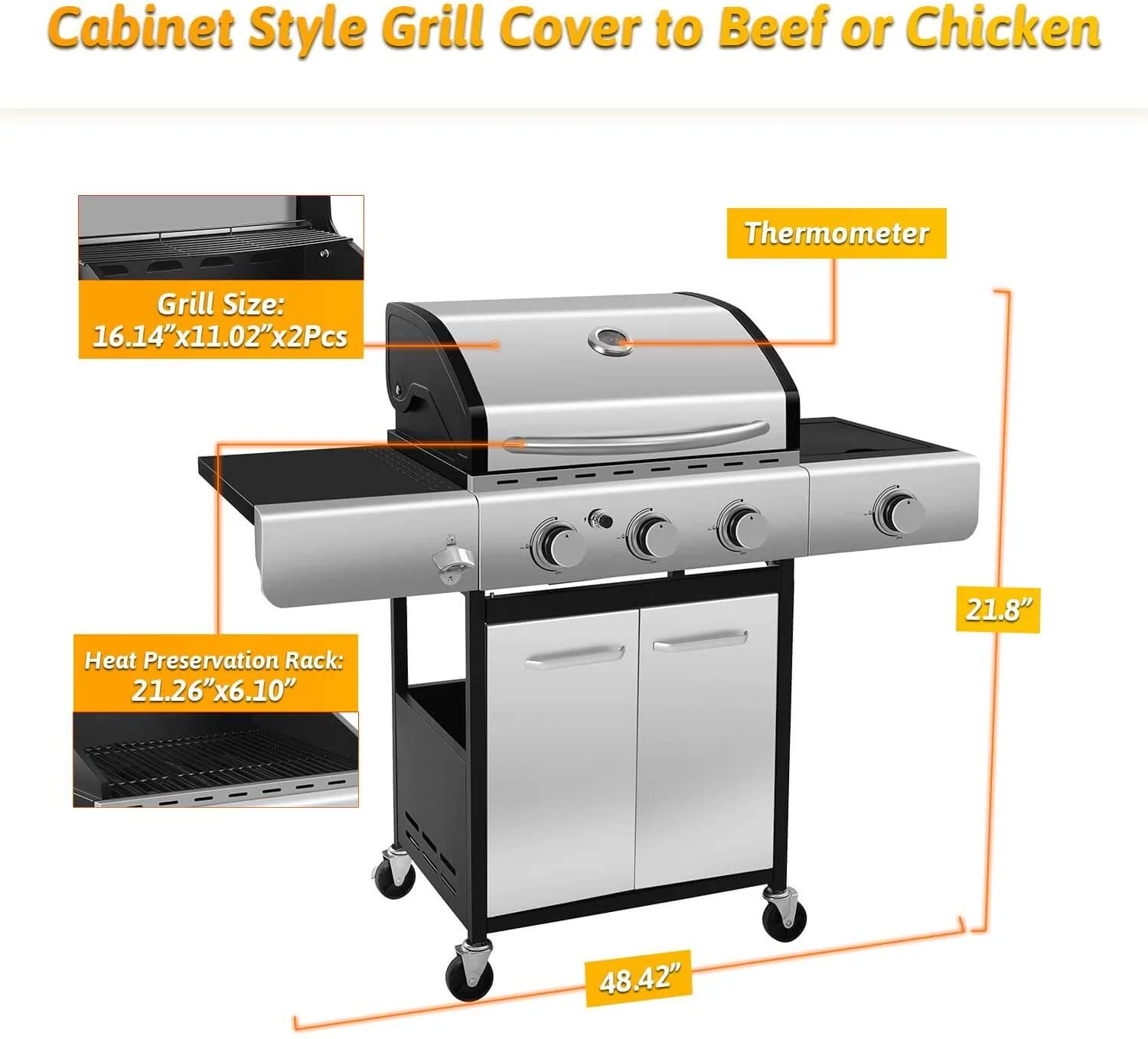 R.W.FLAME Liquid Propane Grill Temperature Display,3-Burner 4-Burner| 34000BTU,42000BTU