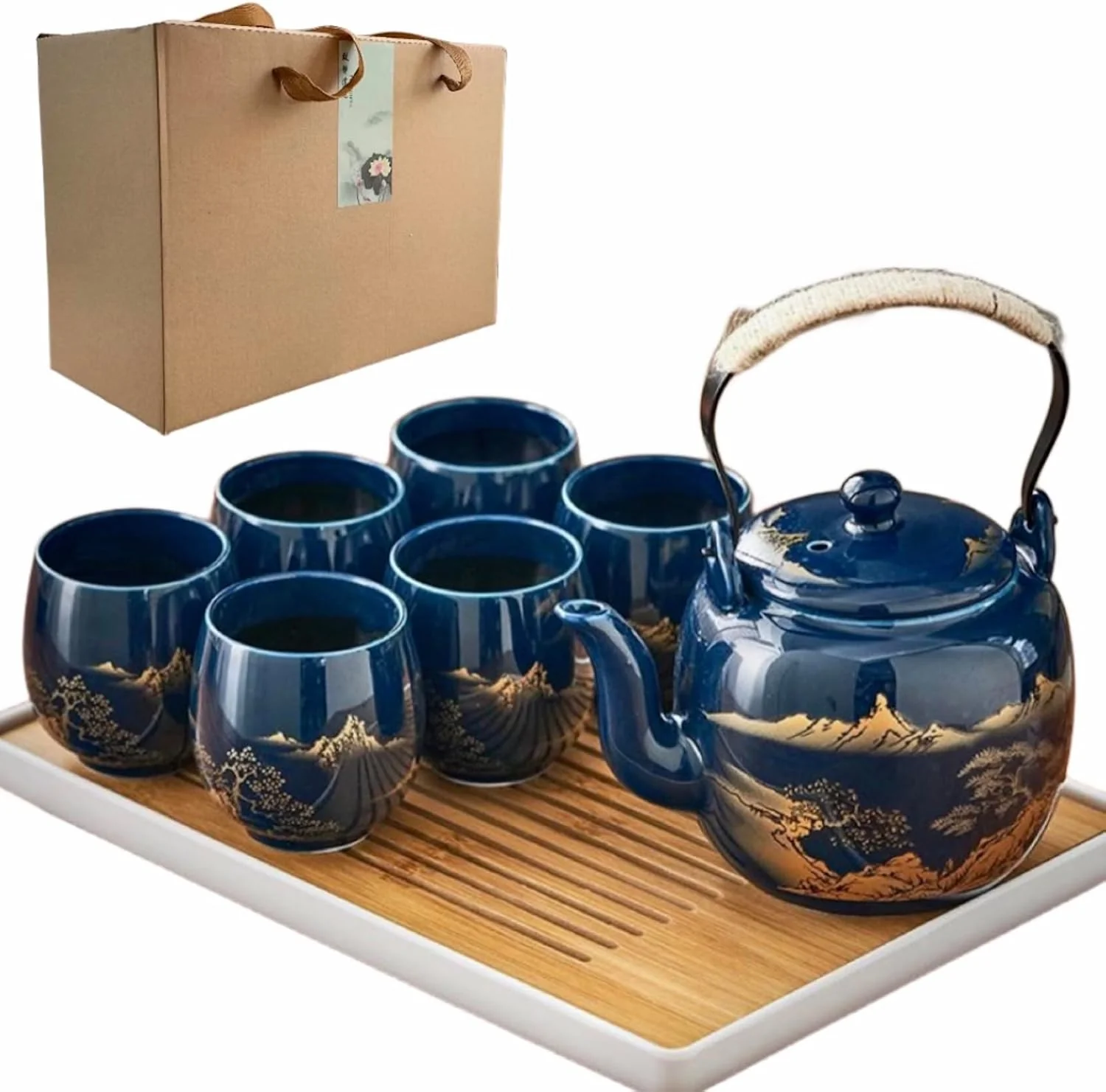 Japanese Tea Set Traditional, Chinese/Asian Tea Sets for 6 Adults, Pretty Tea Set with Tray and Infuser, Porcelain Tea Pot and Tea Cups, Large Teapot, Gifts for Tea Lover, Birthday (Gold & Blue)