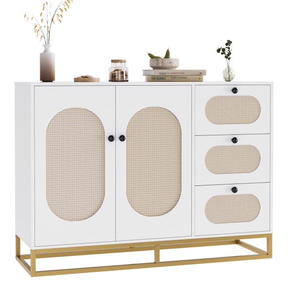 3 Drawers Accent Storage Cabinet, 34.2 H Gold Buffet Sideboard with Rattan Doors for Living Room, White