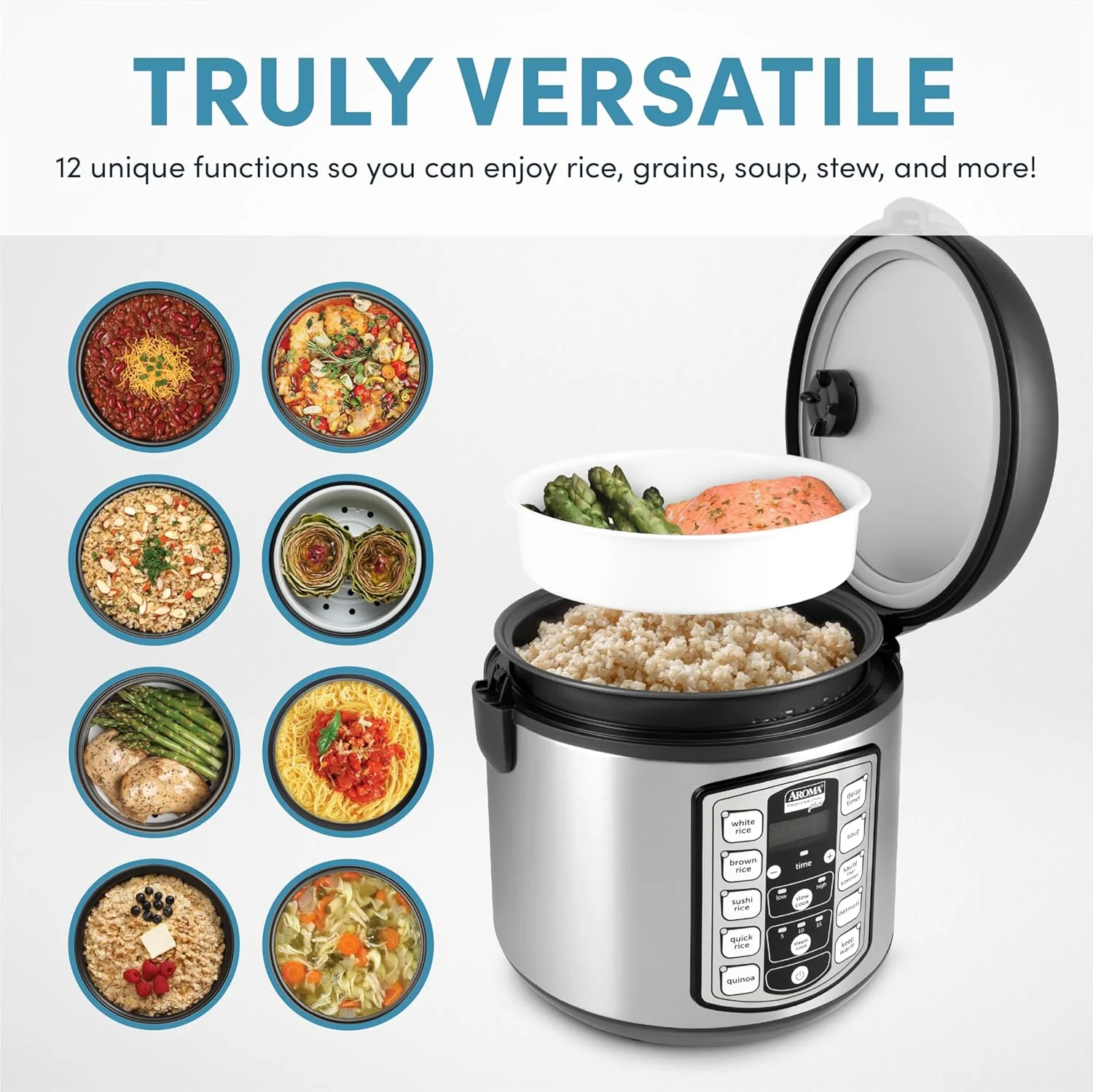 Aroma Housewares ARC-5000SB Digital Rice, Food Steamer, Slow, Grain Cooker, Stainless Exterior/Nonstick Pot, 10-cup uncooked/20-cup cooked/4QT, Silver, Black