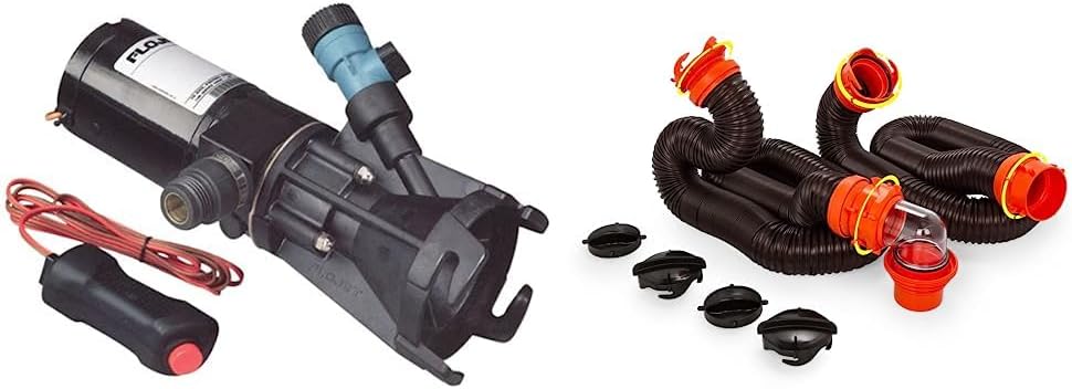 Flojet Portable RV Macerator Waste Pump Kit, 12V, Black, Self-Priming, with Garden Hose Discharge Port