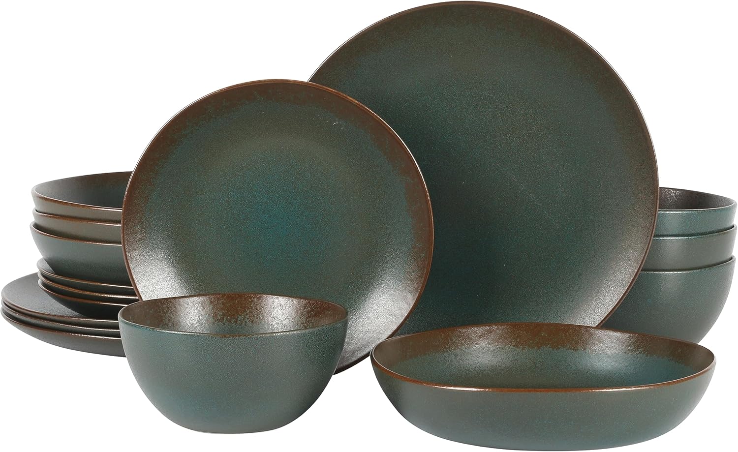 Oprah's Favorite Things - Palermo Sun Double Bowl Stoneware Reactive Glaze Plates and Bowls Dinnerware Set - Agave Blue, Service for Four (16pcs)
