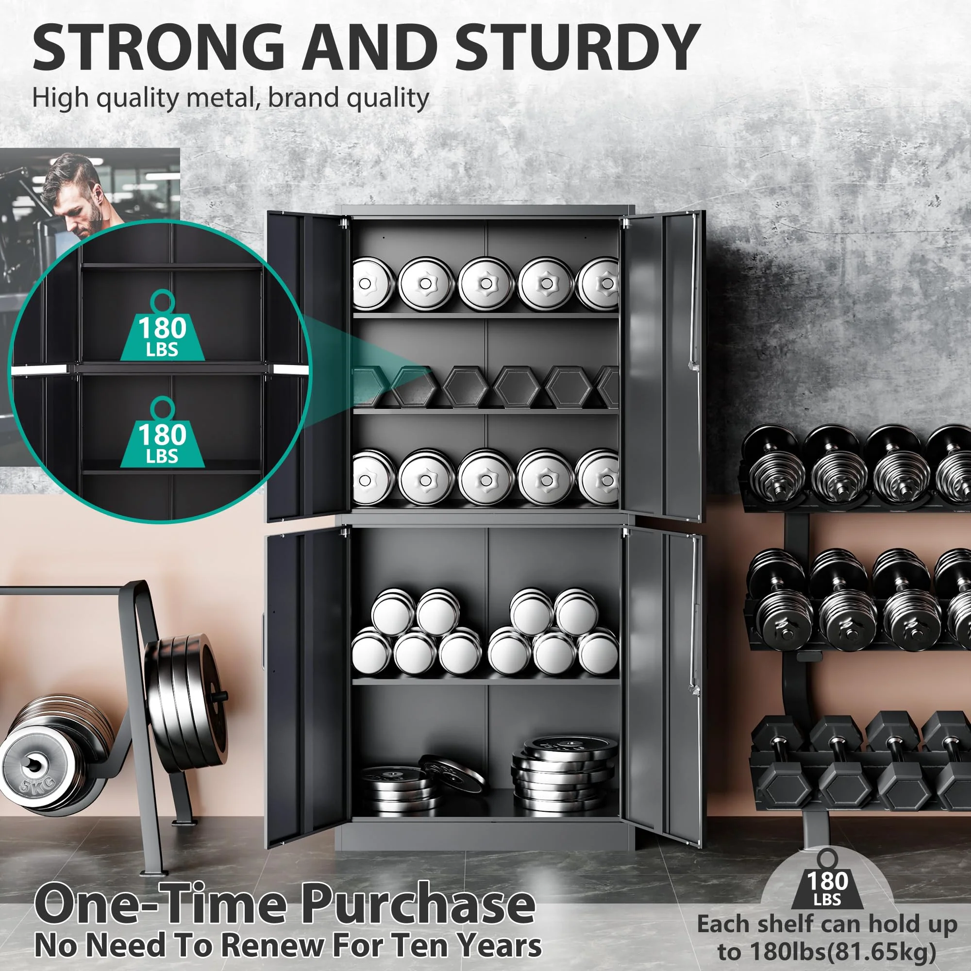 Metal Storage Cabinet with 3 Adjustable Shelves,Garage Storage Cabinet with Lock,Black Metal Cabinet with Locking Doors,Steel Cabinet 4 Doors,71