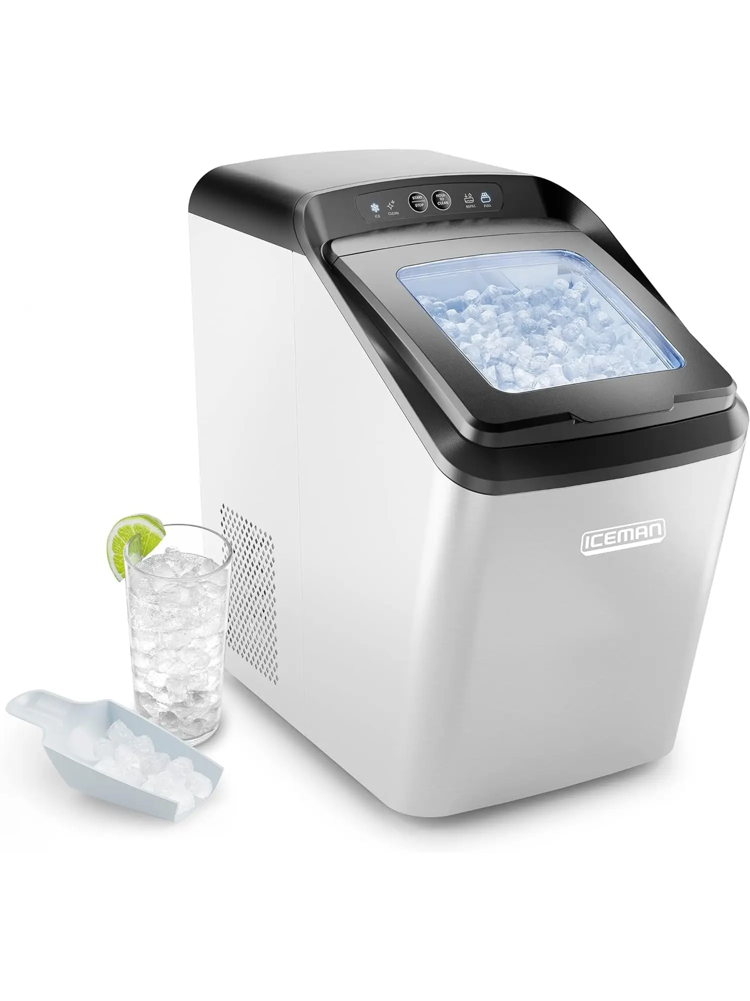 Iceman Countertop Nugget Ice Maker – Pebble Ice Machine, Soft Chewable Pellets in 20 Min, 26Lbs/24H, 3lb. Capacity, Waterline-Compatible, Self-Cleaning, Stainless-Steel + Scoop