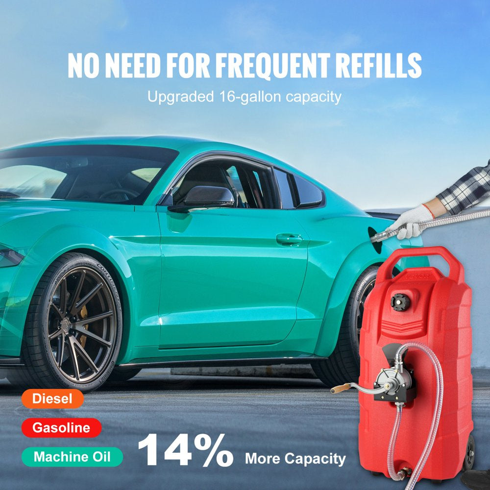 VEVOR 16 Gallon Portable Fuel Caddy with 6′′ Wheels & Metal Hose for Gasoline/Diesel