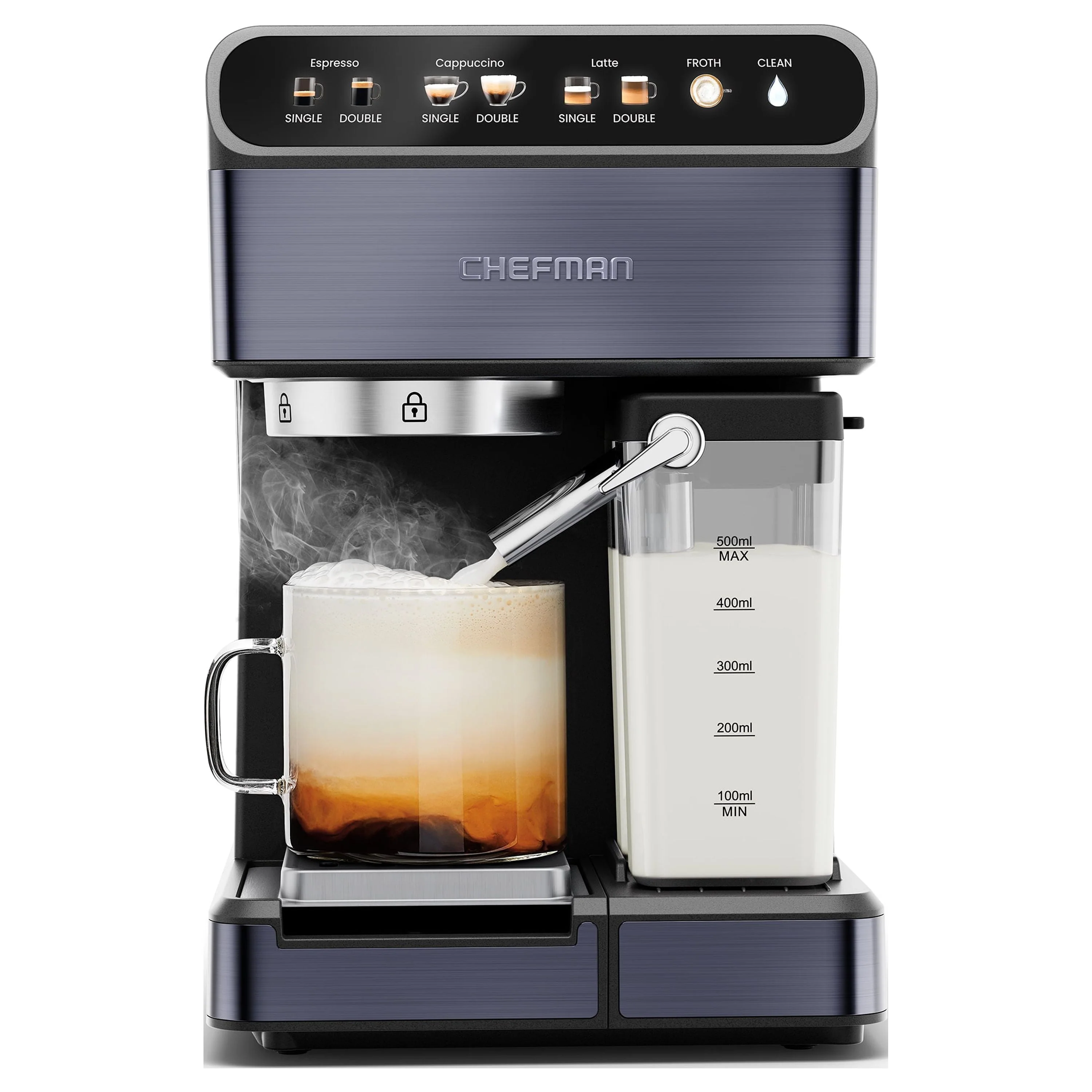 Chefman Espresso Machine w/ Milk Frother, 20 Bar Pump, Digital Display - Black Stainless Steel, New