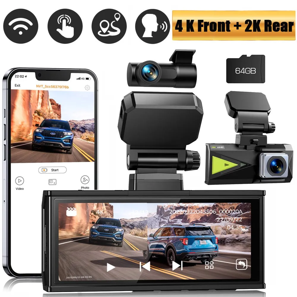 TOGUARD Dash Cam 4K with 5Ghz Wifi GPS, 4K+2K Dash Cam Front and Rear 3.16