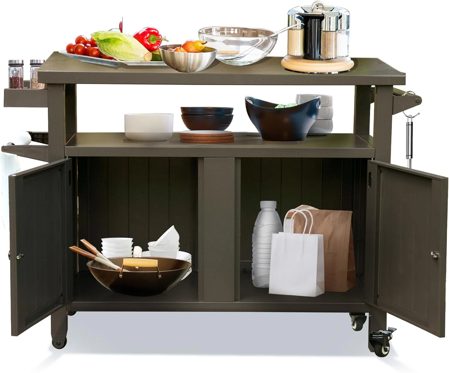 Outdoor Storage Cabinet with Wheels - Heavy Duty Metal Grill Table for BBQ, Patio, Backyard (XL)