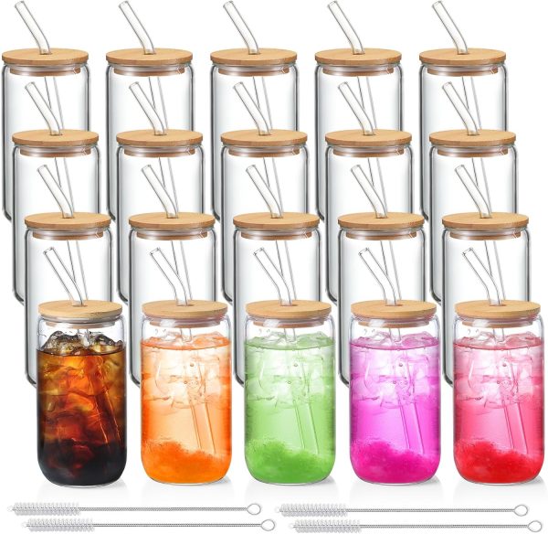 20 Pack Glass Cups with Lids and Straws 16 oz, Personalized Customizable Glasses for Gift, Business, Can Shaped Drinking glasses set, Iced Coffee Cup, Cute Aesthetics Tumbler for Tea, Homemade Drinks