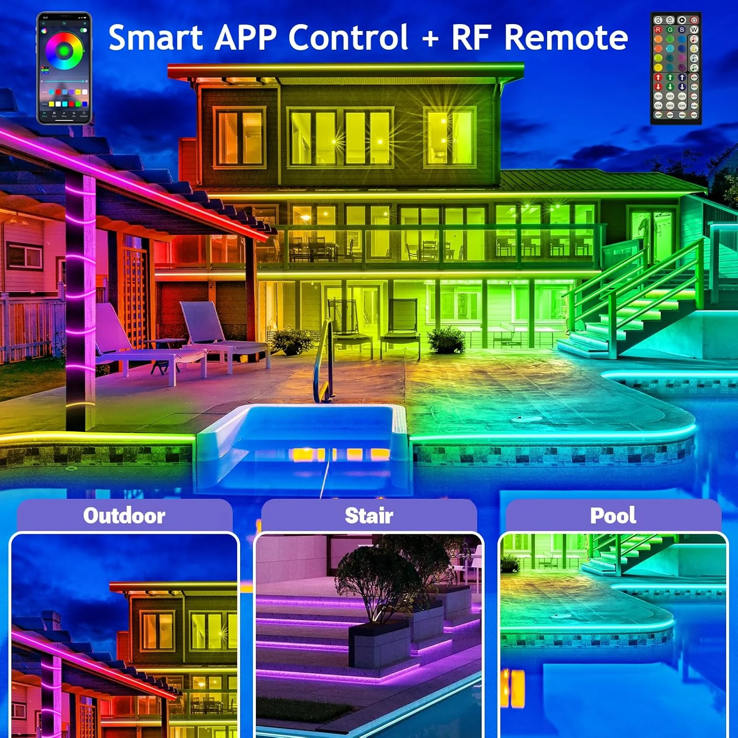 300ft Waterproof LED Strip Lights with Bluetooth App, RGB Exterior Rope Lights for Balcony, Deck, Roof, Pool - IP68, Self-Adhesive, Music Sync