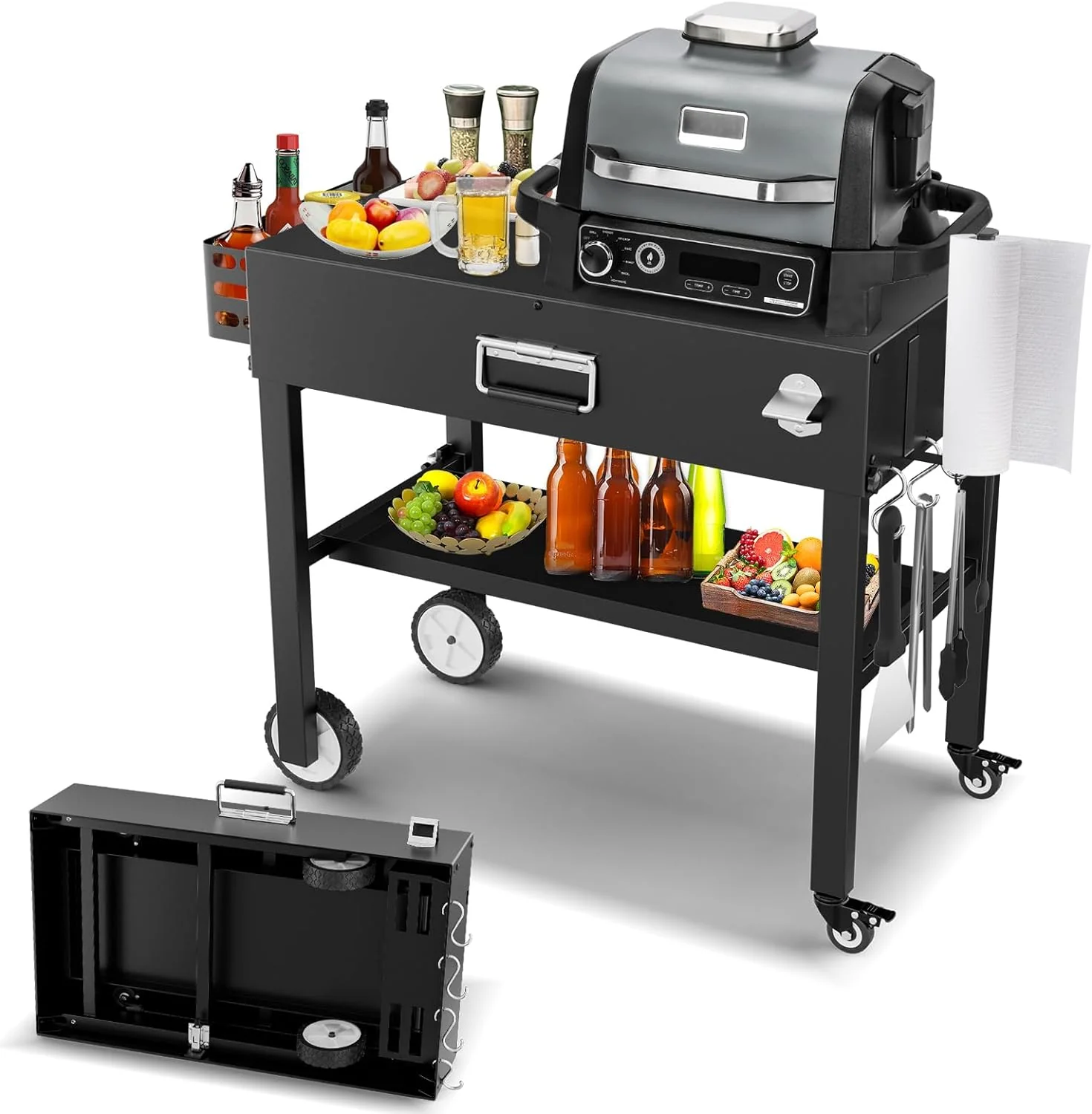 Portable Grill Table Cart for Outdoor Grills and Pizza Ovens, Universal Foldable Stand with Large Space