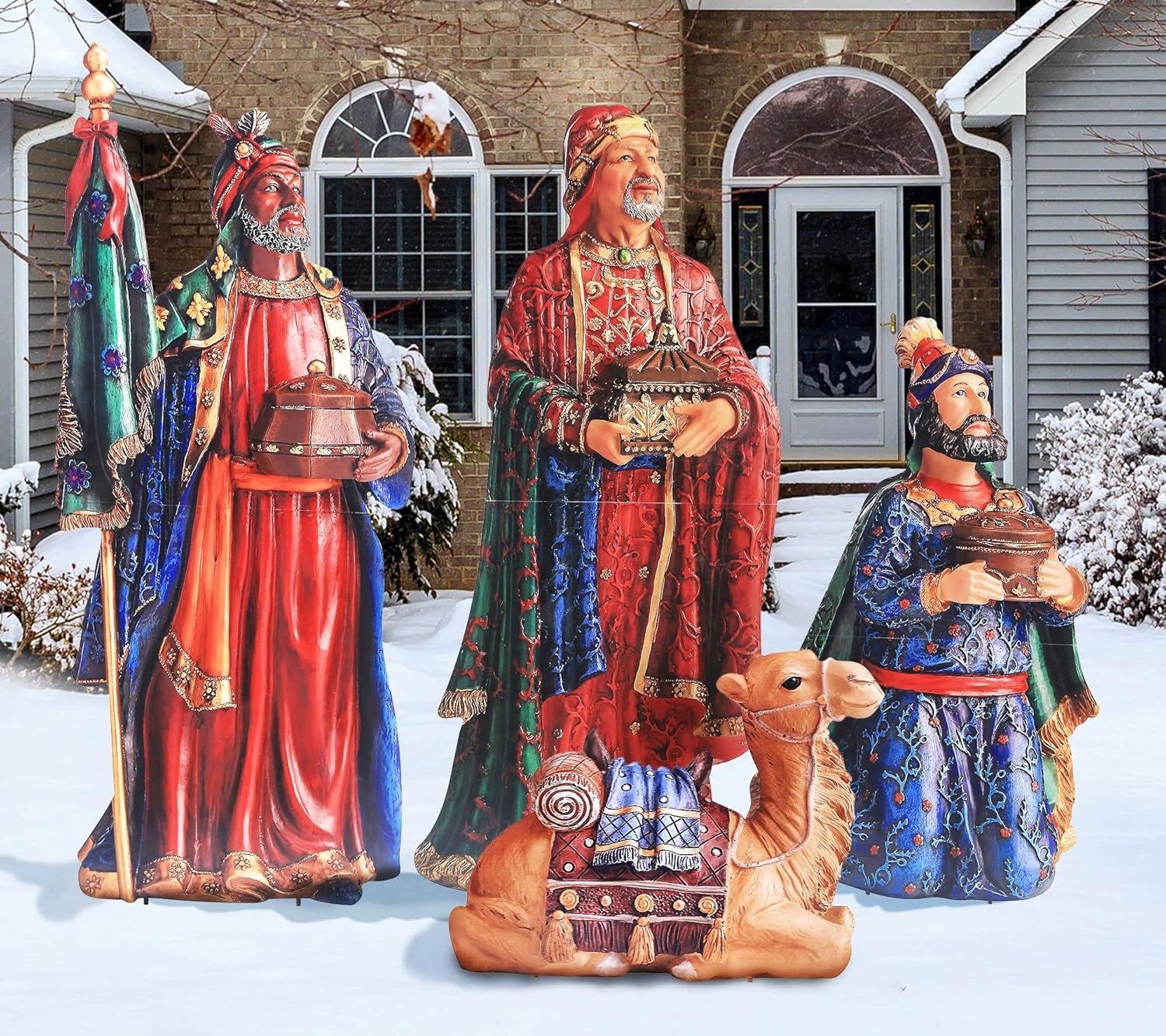 Three Wise Men with Sitting Camel - Christmas Outdoor Nativity Set, Sturdy 22 Gauge Flat Coated Metal, Colorful High Res Printing, Tall 51