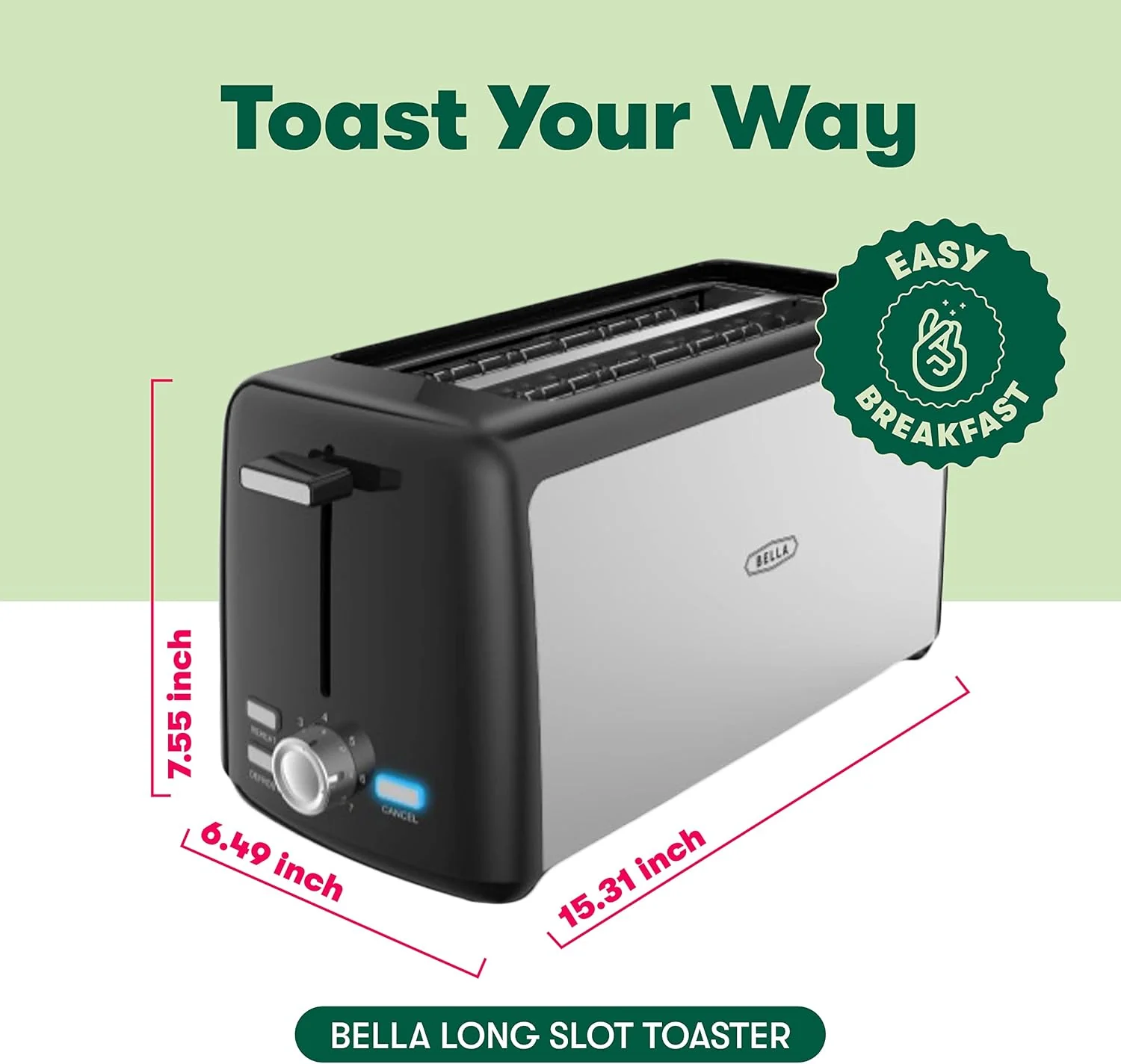 BELLA 4 Slice Toaster, Long Slot & Removable Crumb Tray, 7 Shading Options with Auto Shut Off, Cancel & Reheat Button, Toast Bread & Bagel, Stainless Steel & Black