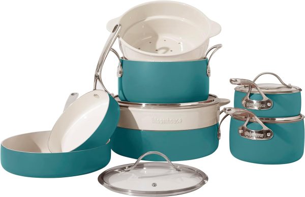 12 Piece Aluminum Pots and Pans Cookware Set w/Non-toxic Ceramic Non-stick, Ceramic Steamer Insert, 12 Protective Care Bags Agave Blue