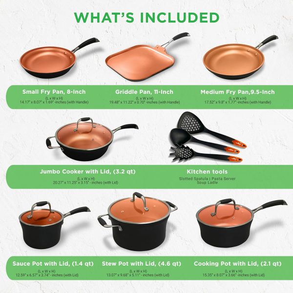 14-Piece Copper Non-Stick Cookware Set Stackable Pots and Pans with Lids, 3-Layer Coating, All Cooktop Compatible, Healthy Food-Grade Copper