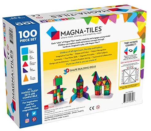 Magna-Tiles 100-Piece Clear Colors Set, Educational Toys