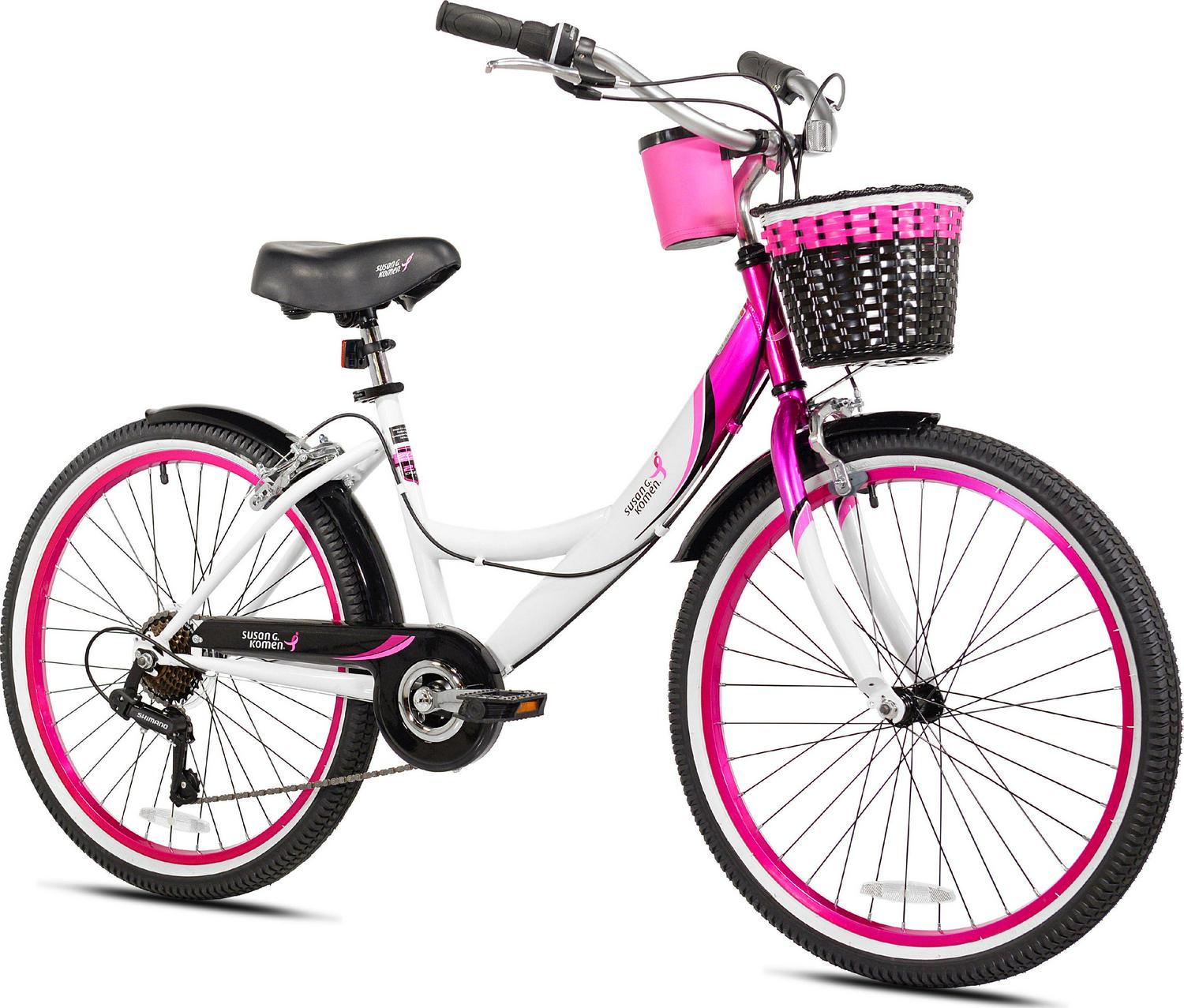 Susan G. Komen 24 In. Multi-Speed Cruiser Girl’s Bike, Pink, White and Black