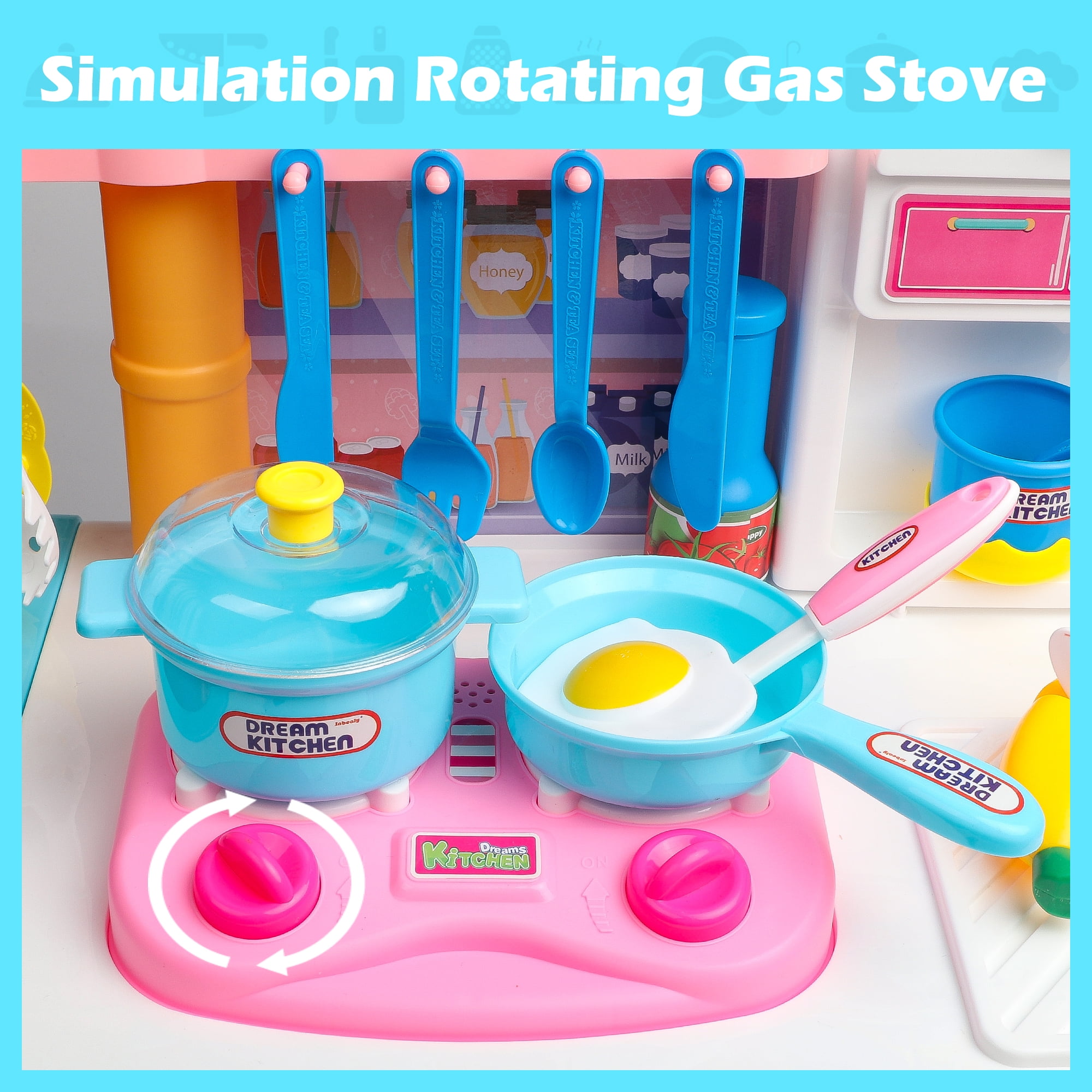 Beefunni 33 inch Blue Play Kitchen Girls Toy Pretend Food Sets - Kitchen Toys for Kids Ages 4-8, Kitchen Set for Toddlers 1-3, Play Kitchen Accessories Christmas Gifts Toys for Girls Boys 3+