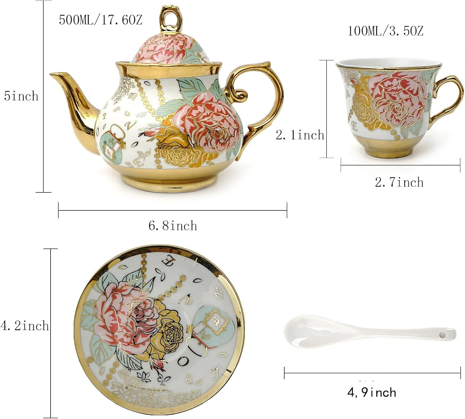 20 Pieces European Vintage Ceramic Tea Set with Metal Cup Holder, Adult Tea Set, Women's Afternoon Tea Set (golden rose, medium)