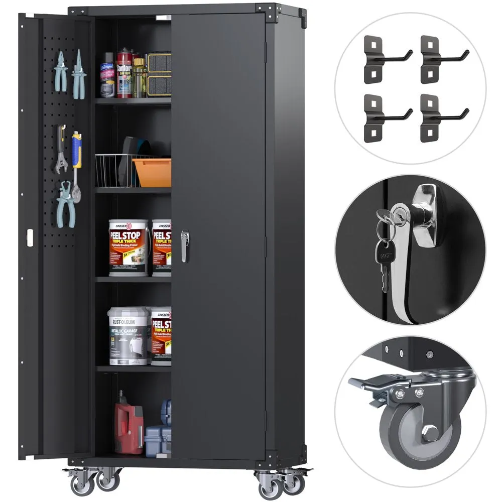 GangMei 72 in Metal Garage Storage Cabinet with Wheels and Pegboard, Black Tall Rolling Tool Cabinet with 4 Adjustable Shelves