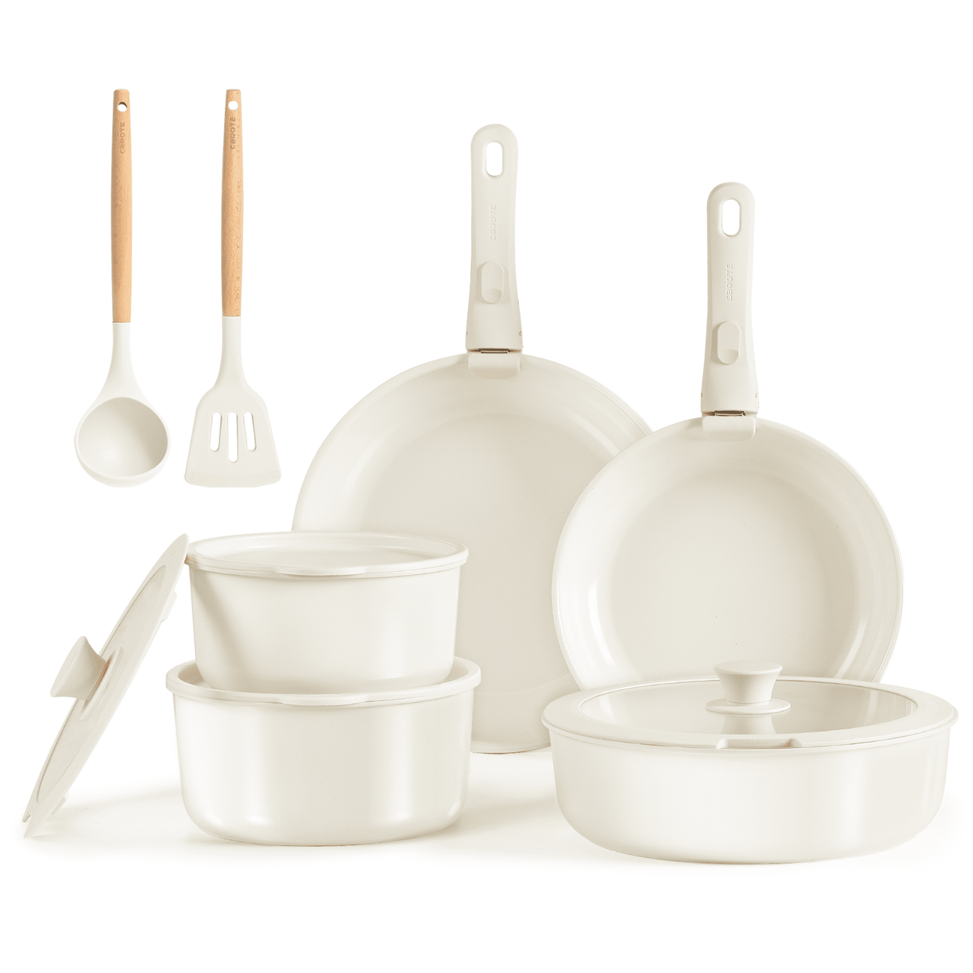 CAROTE 13-Piece Ceramic Cookware Set, Detachable Handle Pots and Pans Set, Oven Safe, Cream White