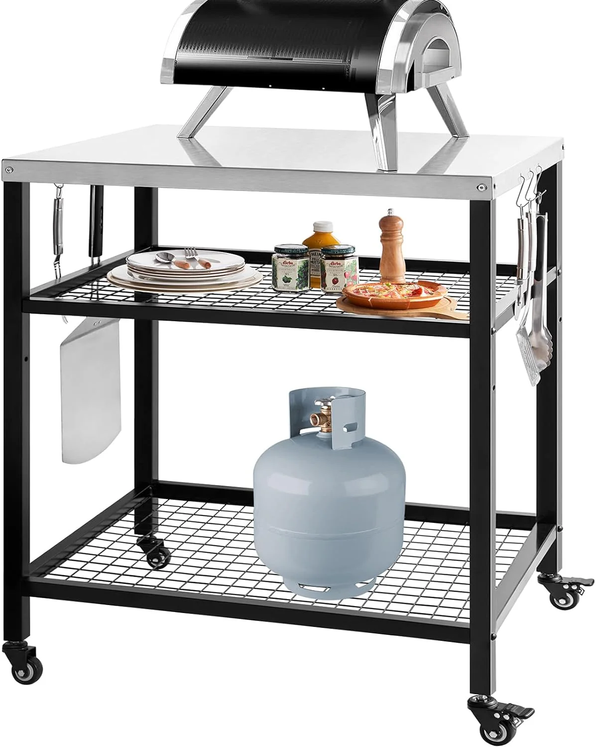 Stainless Steel Grill Cart - Pizza Oven Stand with Wheels, Three-Shelf Outdoor Trolley