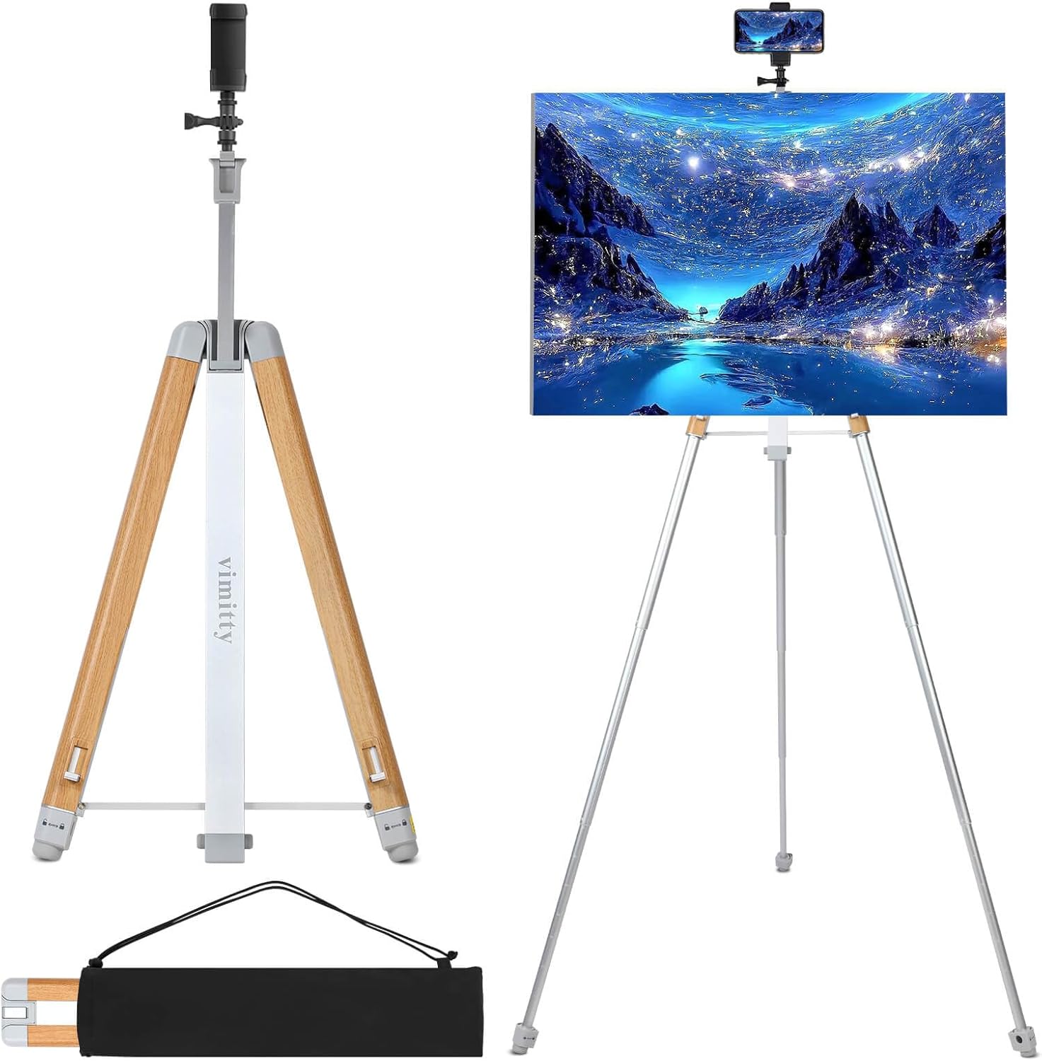 Vimmity Portable Aluminum Easel Stand, Adjustable 17”-58”, Compact Tripod for Painting & Display, Walnut Silver