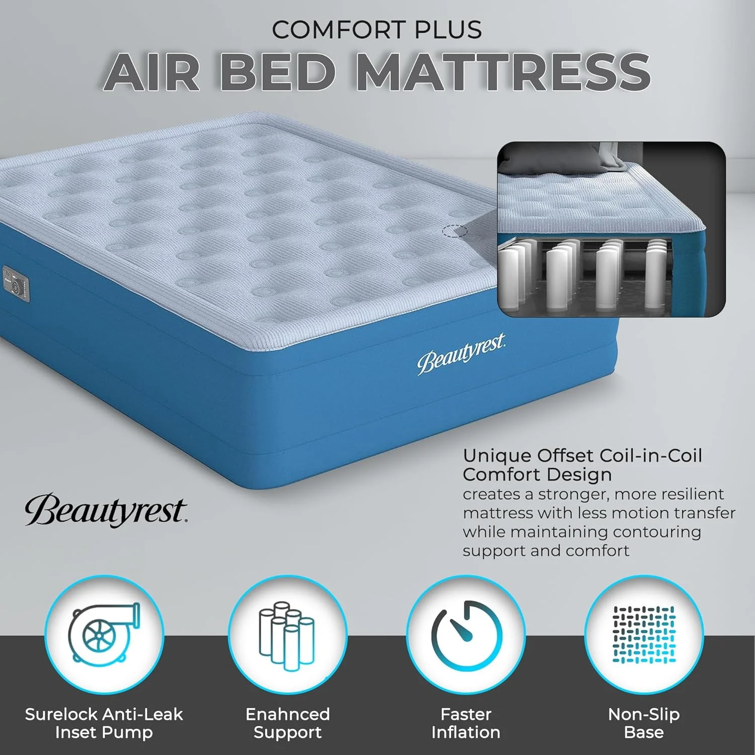 Beautyrest Comfort Plus 18 in. Queen Size Air Mattress with Built In Pump, High Durability Blow Up Mattress for Guests, Camping, Travel - Plush Cooling Topper, 3-Year Pump Warranty