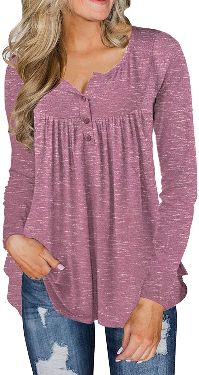 Women’s Plus Size Tunic Tops Casual Floral Blouses Long Sleeve V Neck Henley Shirts M-4XL