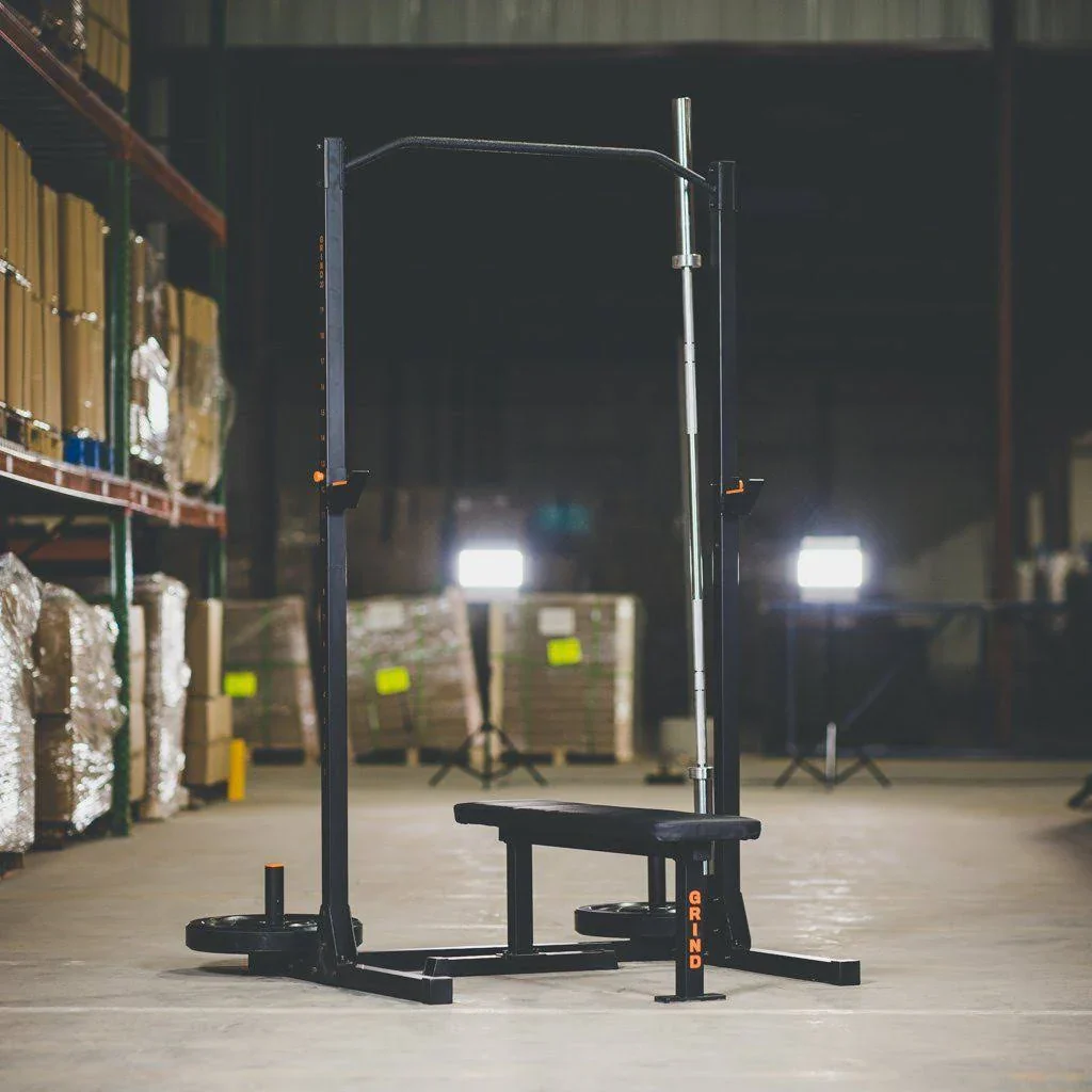 Grind Fitness Alpha1000 Squat Stand Exercise Rack with Barbell Holder and Weight Storage Pegs 2x2 Uprights 1000 lbs Weight Limit Textured Pull Up