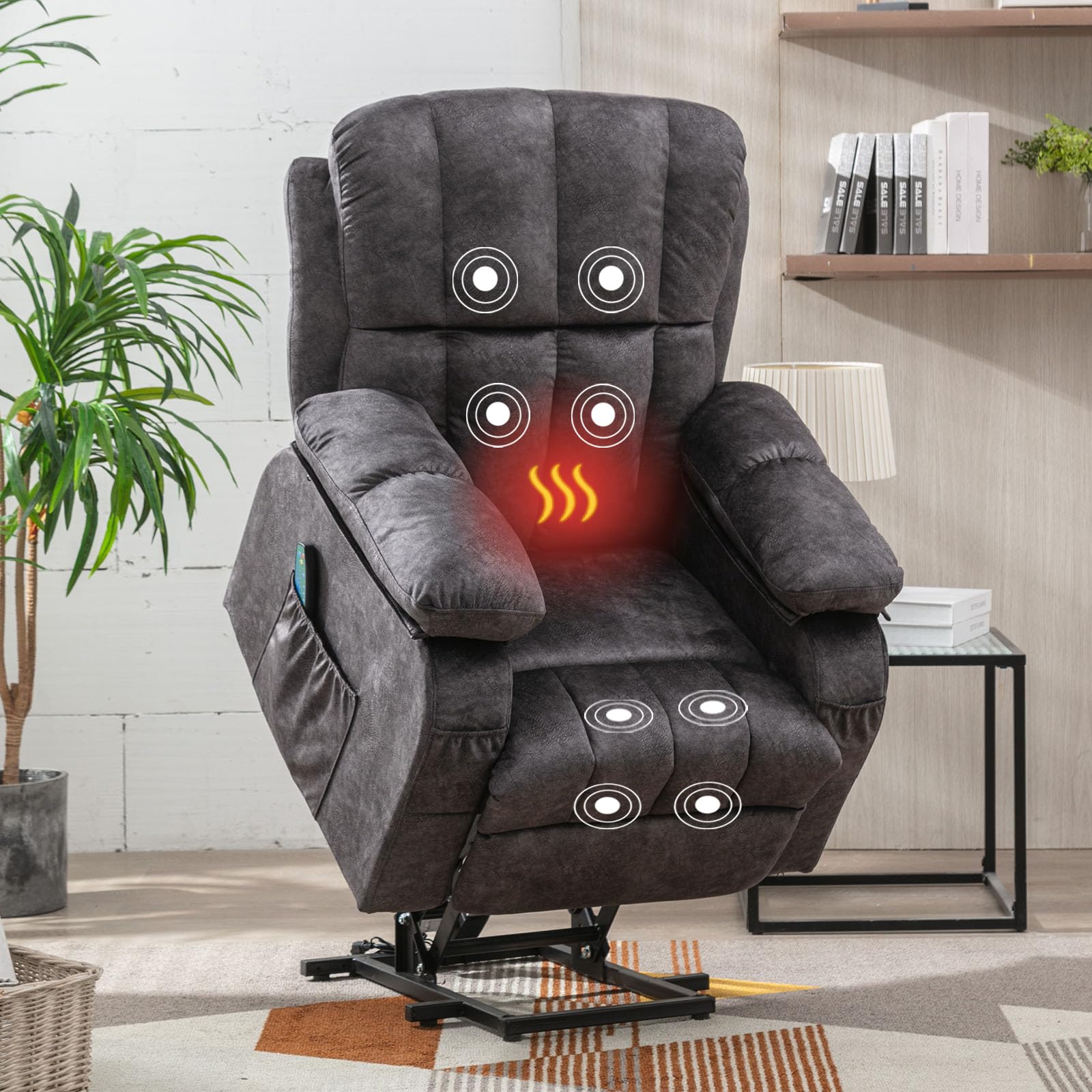 VON RACER Power Lift Recliner Chair with Heat & Massage, USB Port, Side Pockets, Remote Control, Adjustable Reclining for Elderly, Supports 350lb