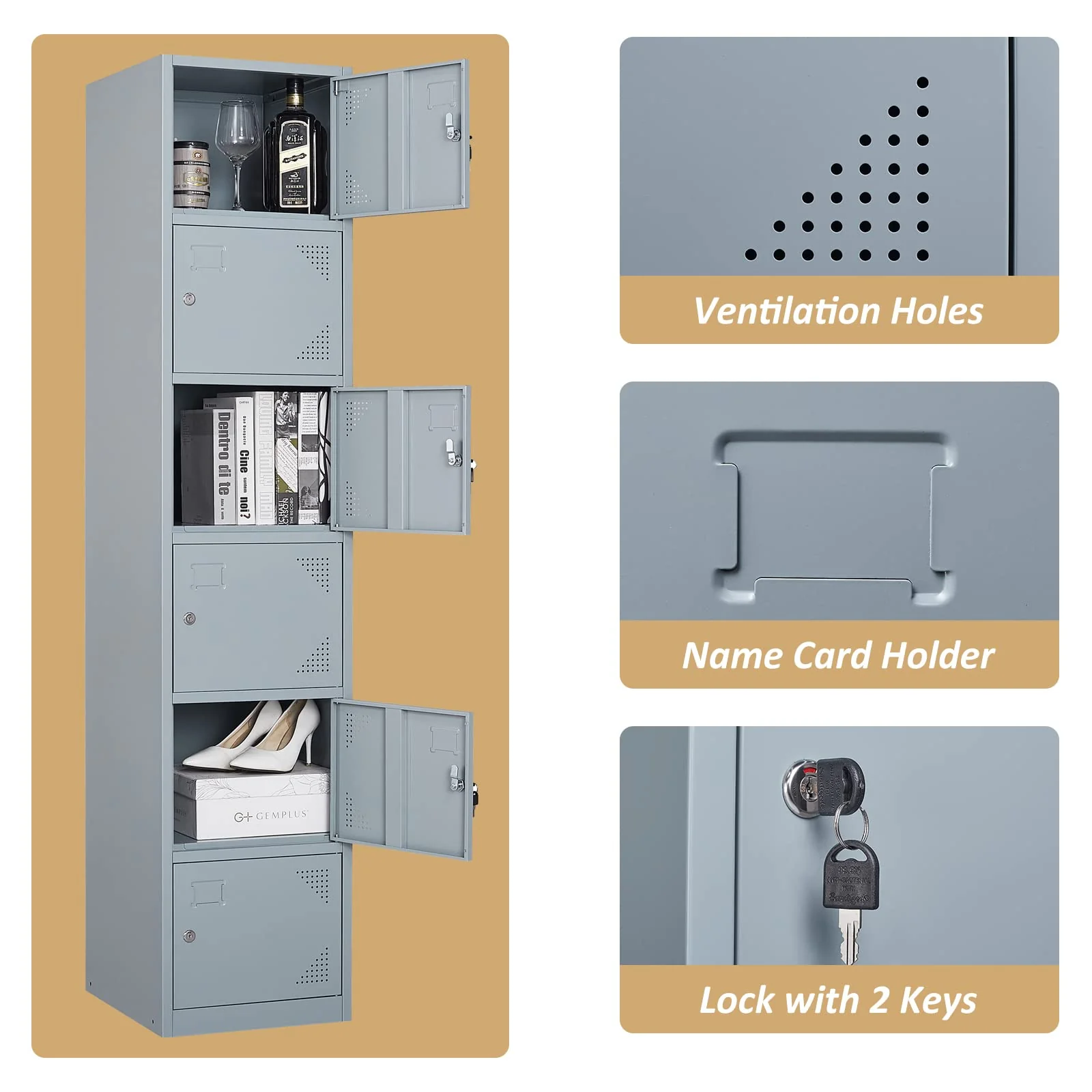 SISESOL Metal Locker Storage Cabinet with Doors and Shelves Metal Lockers with 6 Doors,71