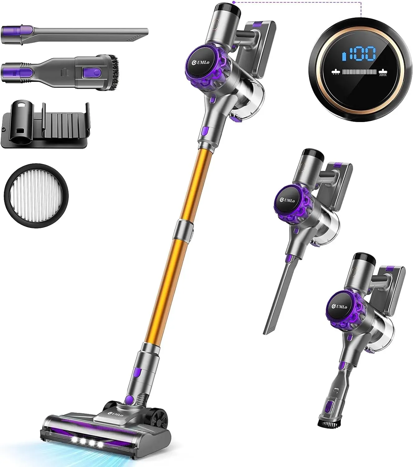 Cordless Vacuum Cleaner, 300W 30Kpa Powerful Stick Vacuum with LED Display, Rechargeable Cordless Vacuum Max 55Min Runtime, Free-Standing